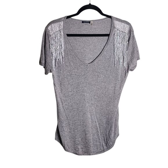 Magashoni top gray silk cashmere short sleeve sweater beaded fringe dressy L - Picture 1 of 4